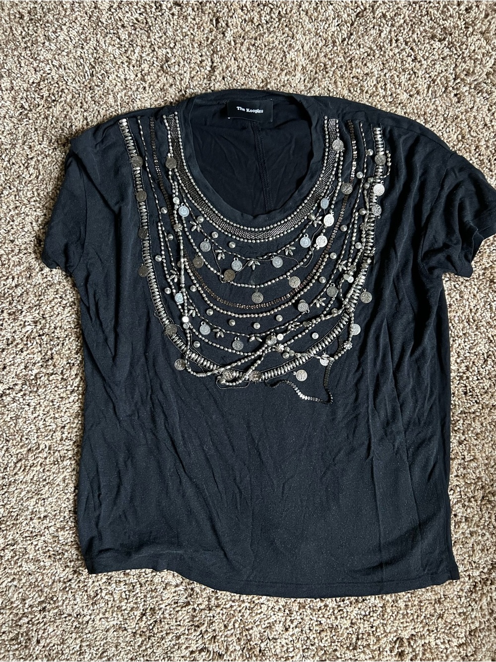 The Kooples Black Embellished Necklace-Print T-Shirt - Picture 2 of 3